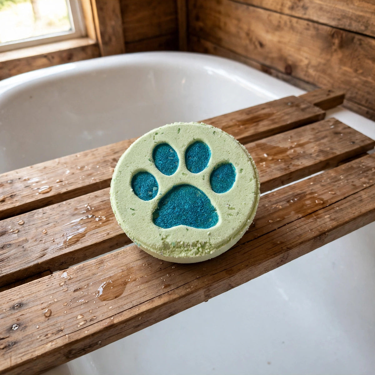 Bombe de bain Baie et melon, patte de chat sur une planche de bain en bois